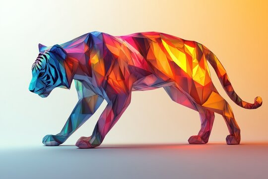Colorful low-poly tiger walking, studio shot, gradient background, graphic design