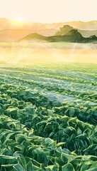 Fototapeta premium Tranquil watercolor scene of a vibrant green field bathed in warm golden hour light evokes sustainable beauty