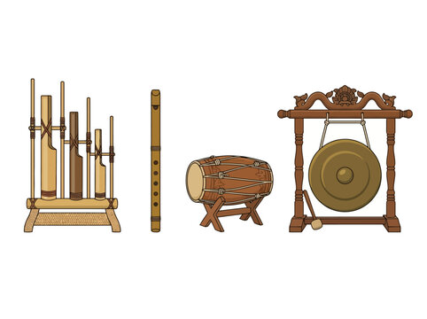 A collection of traditional Indonesian musical instruments including angklung suling kendang and gong illustrated in a classic detailed style.
