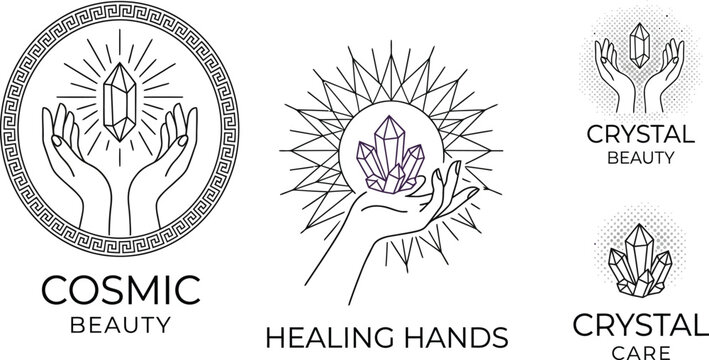 Ethereal magic hands cradling sacred healing crystals in a trendy linear minimal aesthetic, featuring geometric vector logo elements and celestial icons for spiritual branding and design.