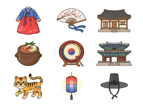 Collection of traditional Korean cultural symbols clothing architecture and food items in cartoon illustration style.