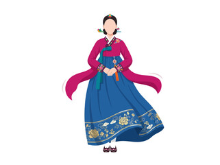 Fototapeta premium Illustration of a woman wearing a traditional Korean Hanbok dress featuring a vibrant pink jacket and a rich blue skirt with detailed floral embroidery.