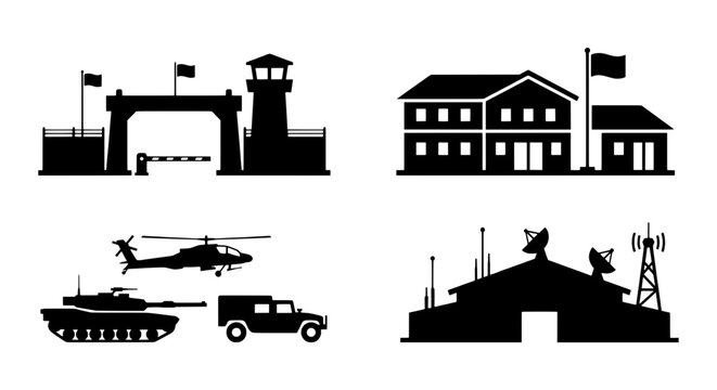 Military Base Icons: Security Gate, Barracks, Vehicles, Command Center, Vector Set