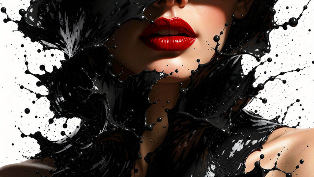 Close up of a woman with red lips and black liquid splashing around her face. Artistic portrait featuring high-contrast ink splatter. Concept of beauty and creative makeup for fashion advertising.