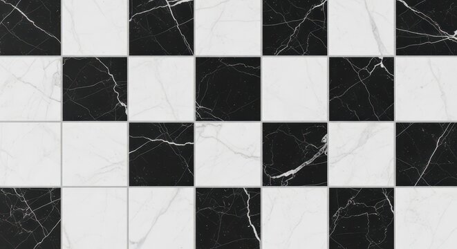 Black and white marble chessboard with checkered pattern. Classic game setup for strategic play and intellectual challenge.