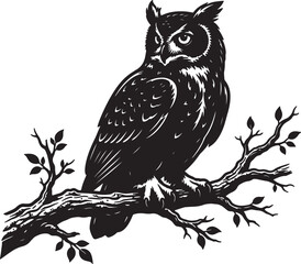 Black and white of a horned owl perched on a gnarled tree branch with small leaves, isolated on a white background, contrast style