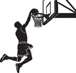 Black and white silhouette of a basketball player performing a slam dunk, jumping towards a basketball hoop and backboard © PixelSaga MH2 