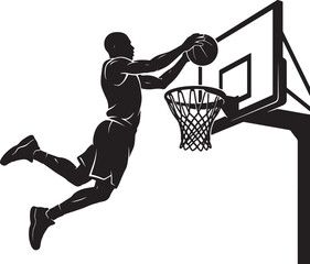 Black and white silhouette of a basketball player performing a slam dunk, jumping towards the hoop with a ball in hand, isolated on a white background © PixelSaga MH2 