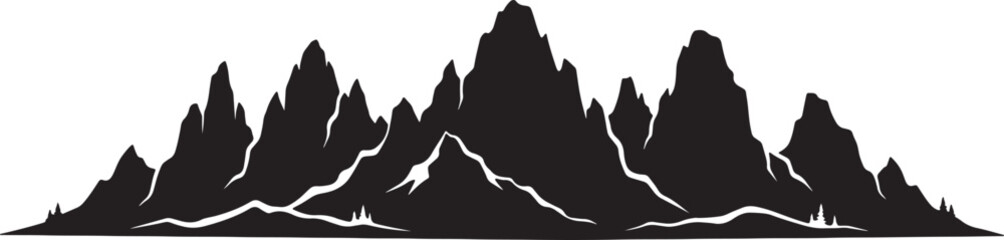Fototapeta premium Black and white silhouette of a jagged mountain range, panoramic landscape with sharp peaks and rocky terrain, isolated on a white background