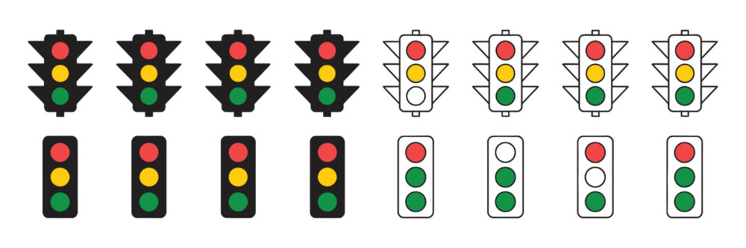 Traffic lights icon set, stoplight symbols with red yellow and green signals, street semaphore vector, road safety design elements