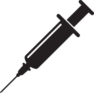 Black and white silhouette of a medical syringe, of a hypodermic needle for vaccination or injection, isolated on a white background