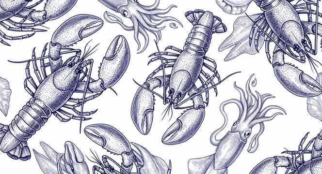Hand-drawn vintage engraving of lobsters and squids in a seamless pattern. Detailed blue line art of marine creatures on white. Nautical seafood theme for restaurant menus and packaging design.