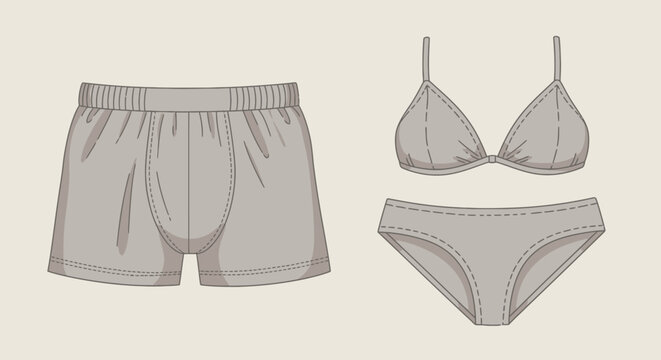 Minimalist vector illustration of mens boxer shorts and womens bra and panties set.