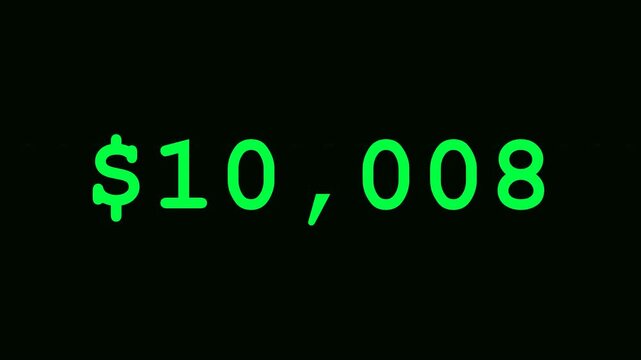 Digital Green Counter Displaying Incremental Dollar Amounts Over Time.
