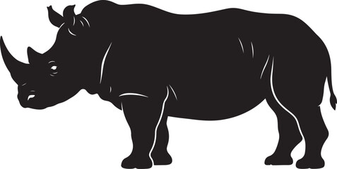 Black silhouette of a rhinoceros standing in profile, isolated on a white background, animal wildlife © PixelSaga MH2 