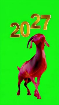 Year of the Goat 2027 golden text and red goat on an empty green screen, vertical video for Lunar New Year chroma key overlays and festive editing