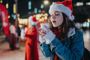 Fototapeta premium Young woman wearing a Santa hat holds a warm cup among blurred holiday lights. A girl enjoys a hot drink at a festive outdoor market at night.