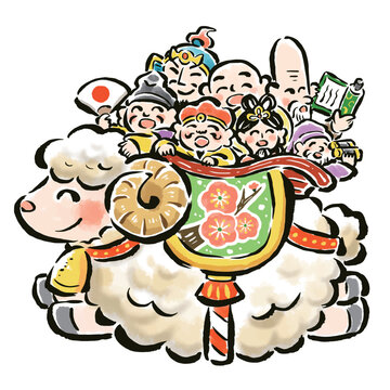 干支の未（羊）の背に乗った七福神　筆タッチ手描きイラスト