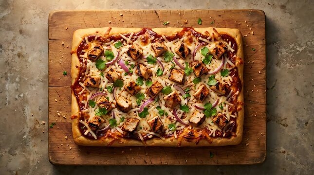 Rectangular flatbread pizza with chicken and onions.