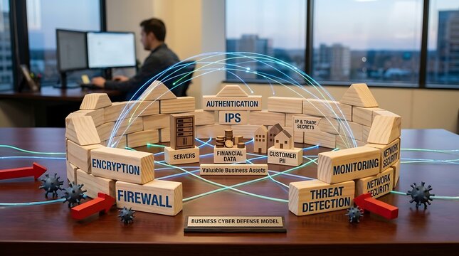 A conceptual image illustrating cybersecurity with a fortress of blocks and network lines