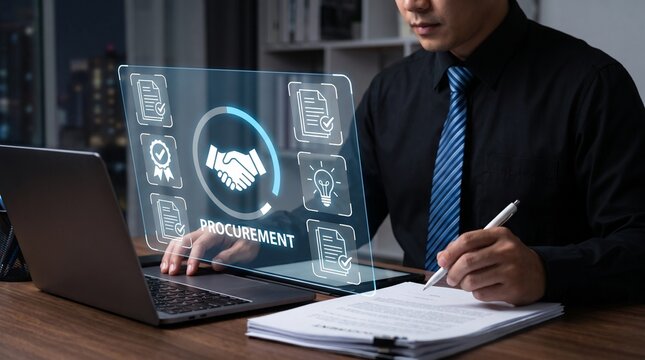 Professional businessman managing digital procurement processes using interactive holographic interface technology in modern office environment