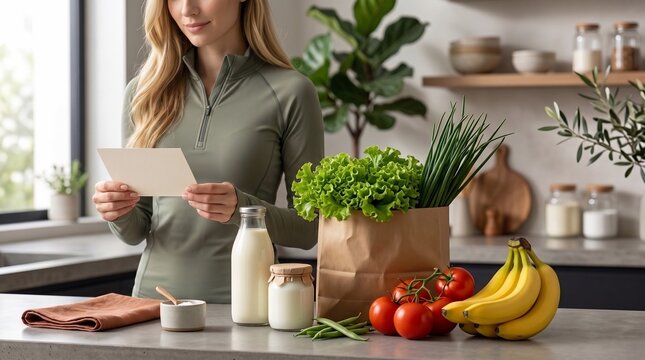 Woman reading grocery list next to fresh produce and dairy products on kitchen countertop with woman holding small card while standing beside paper bag filled fresh vegetables