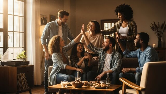 Diverse group celebrates achievement with high fives in bright living room