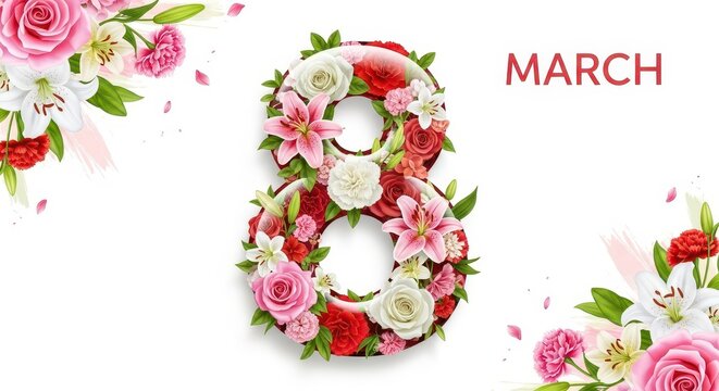 Floral number 8 for International Women's Day. Elegant spring celebration decoration with pink roses and greenery.