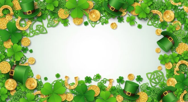 Festive St. Patrick's Day Frame with Clovers and Gold Coins. Celebratory St. Patrick's Day Decor for Events and Promotions