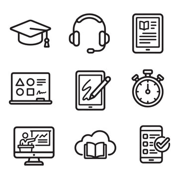 Online learning icons graduation headsets and digital education resources