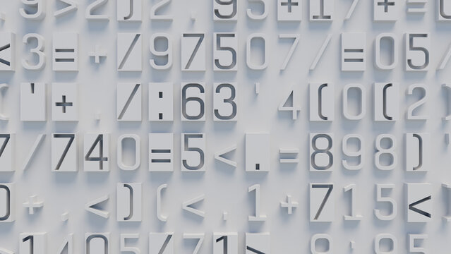 Close-Up of Textured Light Gray Surface Featuring 3D White Numbers and Symbols in Mosaic Arrangement for Graphic Design and Digital Art Backgrounds