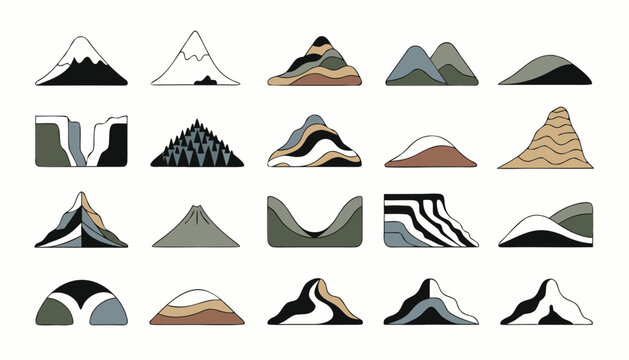 Abstract mountain and landscape icons in bohemian style with warm colors