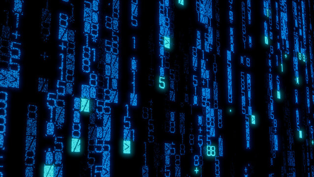 High-Detail Digital Mosaic of Light and Dark Blue Binary Code on Black Background, Ideal for Financial Technology, Data Visualization, and Cybersecurity Applications