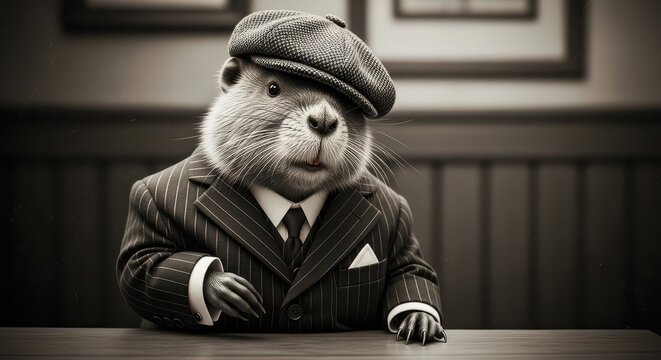 Cute teddy bear in a suit working at a desk. Adorable plush toy in professional attire with a serious expression.