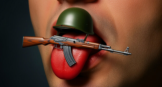 Man balances a miniature rifle and helmet on his tongue. Surreal close-up of mouth with military gear. Conceptual war rhetoric imagery for political commentary or peace campaigns.