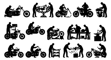 Motorcycle Mechanic Silhouettes, Vintage Bike Repair Icons, Custom Chopper Build Set, Automotive Workshop Graphics, Vector Illustration Collection © MD