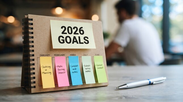 2026 goals written on sticky notes, desk calendar with colorful planning tabs, business strategy and personal development concept