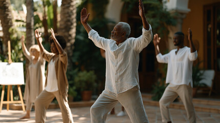 Fototapeta premium Physical therapist guiding a multicultural group of patients through gentle morning exercises in a mist-covered courtyard, an indoor rabbit hutch diagram posted on an outdoor
