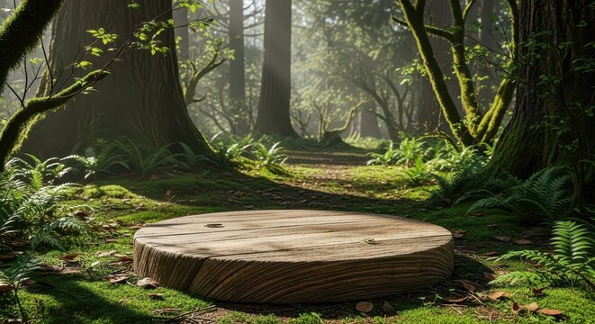Serene forest scene with a wooden platform. Tranquil nature setting for relaxation or outdoor activities.
