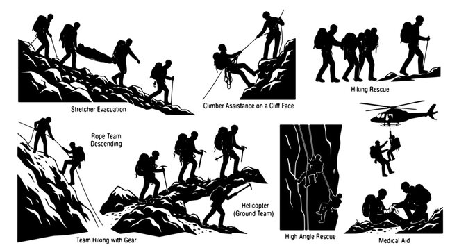 Mountain Rescue Team Operations, Alpine Climbing Assistance, Helicopter Support, Medical Aid, Vector Illustrations Set