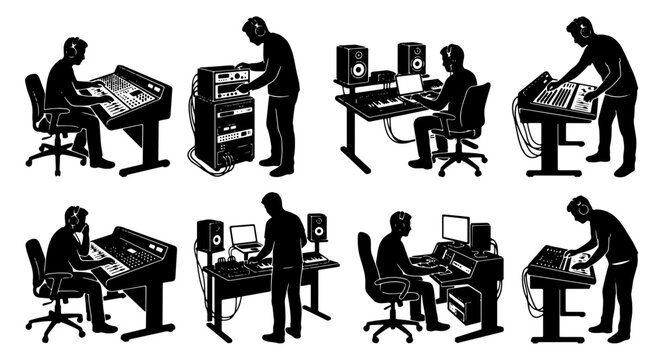 Music Production Studio Scenes, Electronic Music Creation, DJ Setup, Sound Engineering Icons, Silhouette Figures at Work