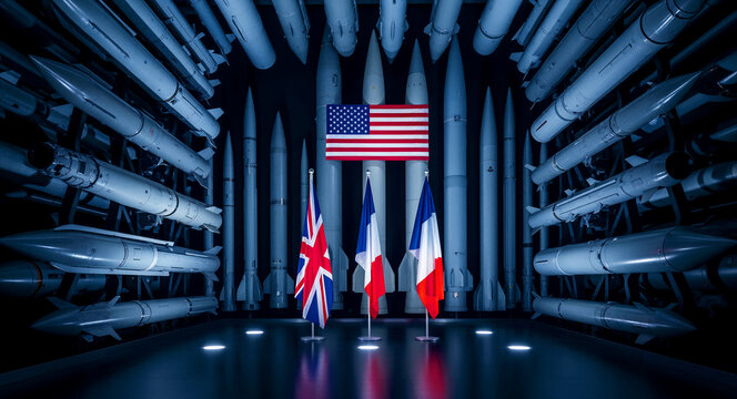 USA, UK, and France flags in a missile storage hangar. Rockets and ballistics in a high-tech military facility. Global security alliance concept for defense and geopolitical news.