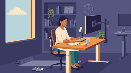 Fototapeta premium Woman working diligently at a modern standing desk in a home office setting.