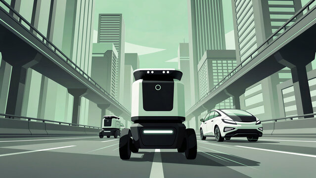 Autonomous delivery robot driving on a futuristic city highway. Self-driving electric vehicle navigating a modern urban cityscape. Future logistics concept, ideal for smart city technology marketing.