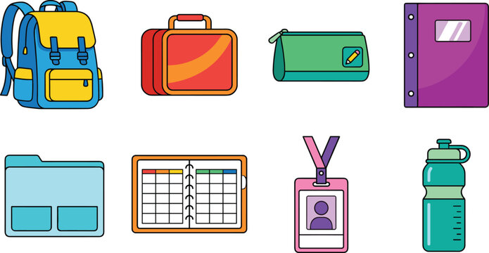 School Supplies and Student Accessories Vector Icon Set Featuring Backpack Lunchbox Pencil Case Binder Folder Planner ID Card and Water Bottle