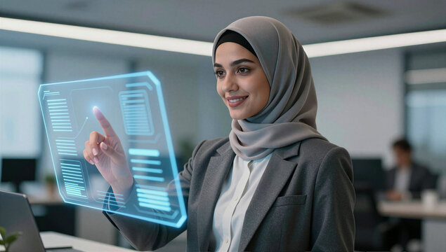 Muslim Businesswoman Using Futuristic Digital Interface Technology in Modern Office Environment