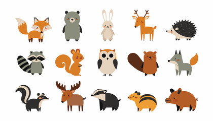 Obraz premium Cute cartoon forest animals vector set, adorable woodland creatures collection with fox, bear, rabbit, deer, hedgehog