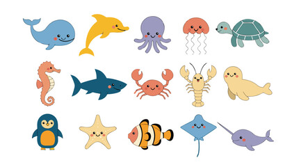 Cute cartoon ocean creatures vector set, adorable sea animals collection with whale, dolphin, octopus, jellyfish, turtle © Sadhin07