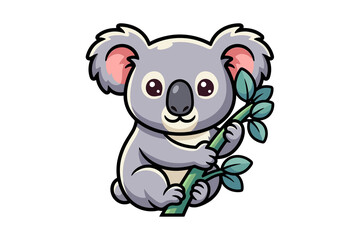 Fototapeta premium Cute Baby Koala Holding Bamboo Branch Cartoon Vector Illustration
