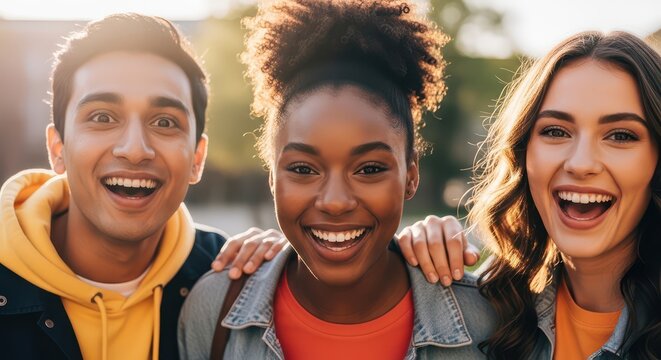 Happy diverse group of friends smiling outdoors. Young adults enjoying friendship and outdoor leisure activities.